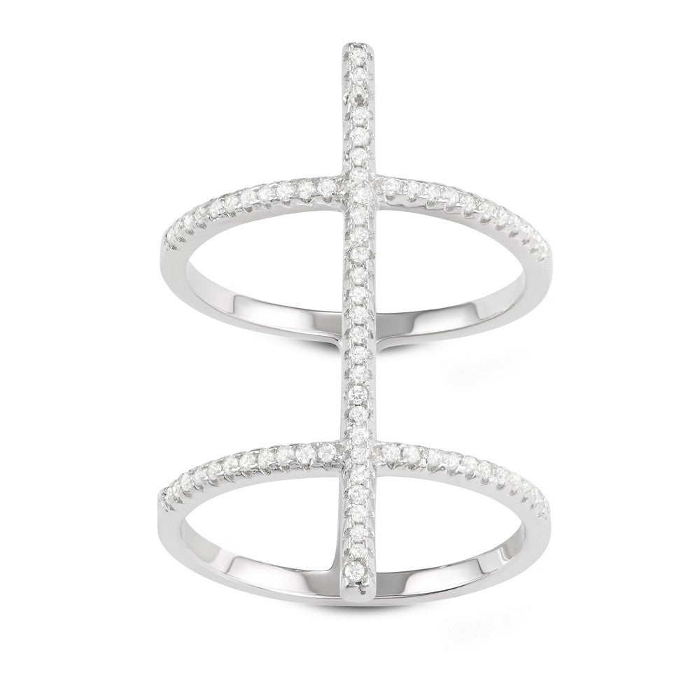 Sterling Silver Extra Long Double CZ Row with Center CZ Bar Ring