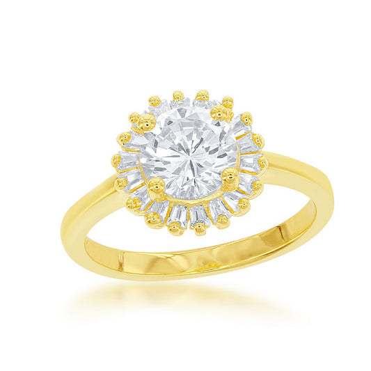 Sterling Silver Round CZ with Baguette Border Ring - Gold Plated