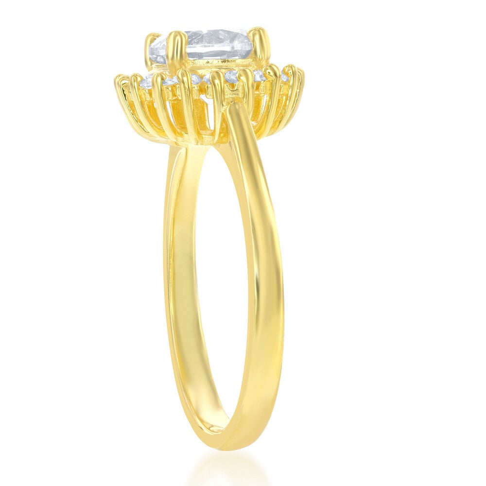 Sterling Silver Round CZ with Baguette Border Ring - Gold Plated