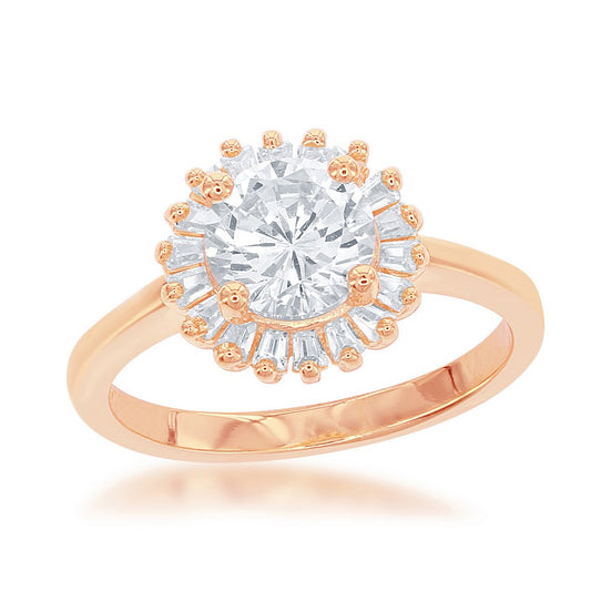 Sterling Silver Round CZ with Baguette Border Ring - Rose Gold Plated