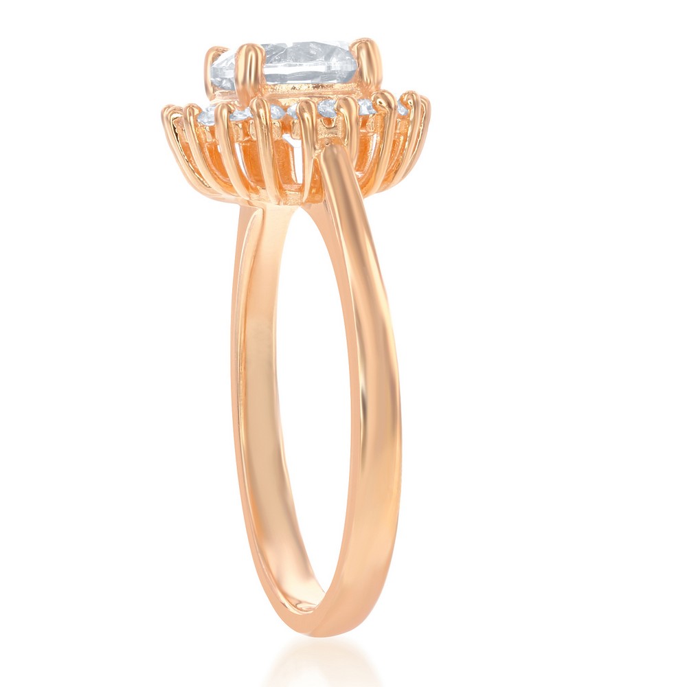 Sterling Silver Round CZ with Baguette Border Ring - Rose Gold Plated