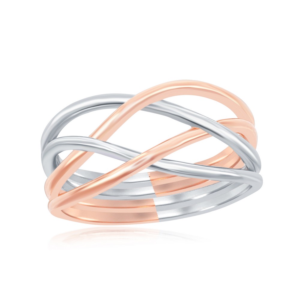 Sterling Silver Rhodium and Rose Gold Plated Interlocking Ring