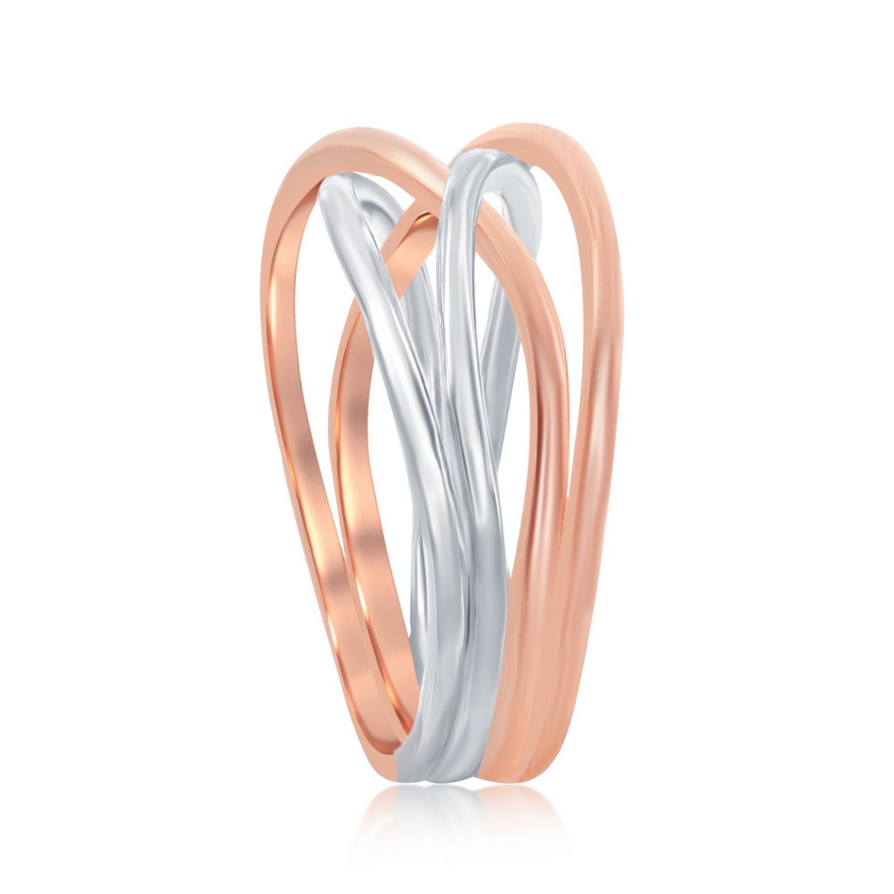 Sterling Silver Rhodium and Rose Gold Plated Interlocking Ring