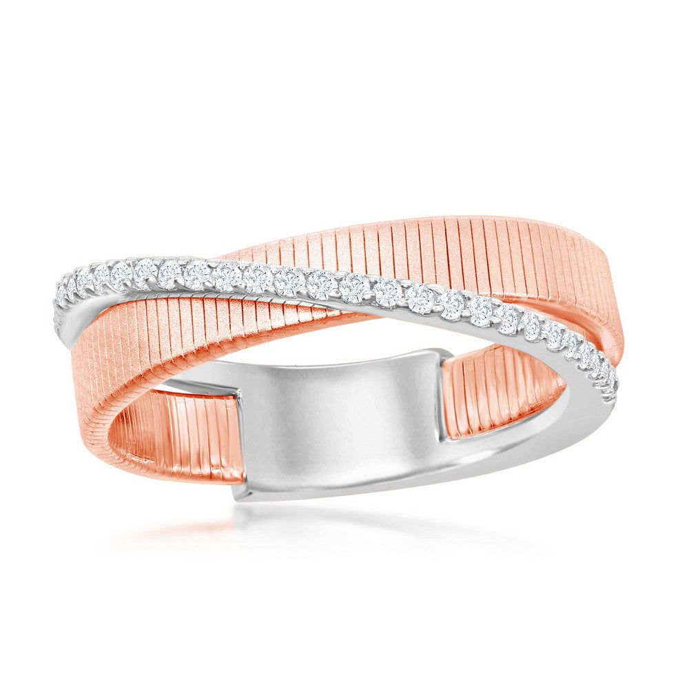 Sterling Silver Designer Ring, Set with CZ, Bonded with Platinium with 14K Rose Gold, MADE IN ITALY