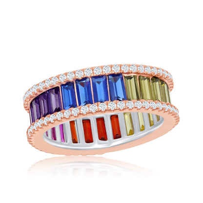 Sterling Silver Rainbow Baguette CZ Band Ring - Rose Gold Plated