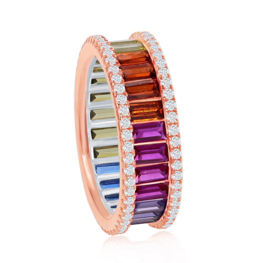 Sterling Silver Rainbow Baguette CZ Band Ring - Rose Gold Plated