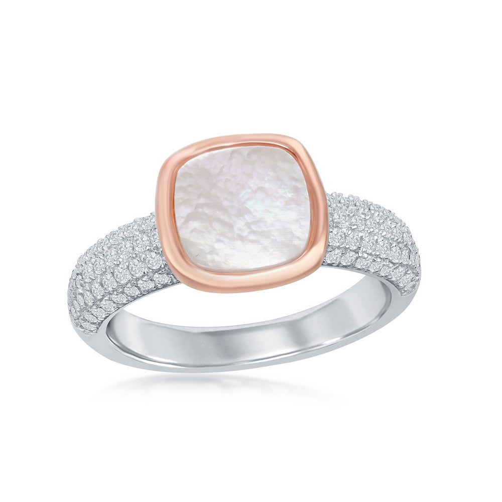 Sterling Silver Rose Gold Plated Square Mother of Pearl Micro Pave Band Ring