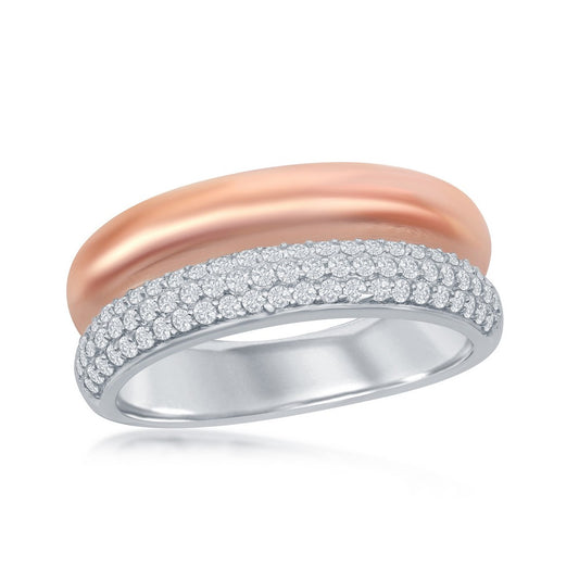 Sterling Silver Two-Tone Micro Pave Rose Gold Plated Double Band Ring