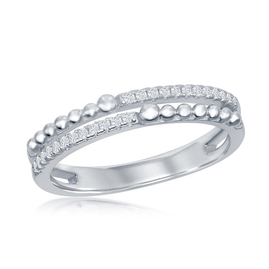 Sterling Silver Half Beaded and Half CZ Double Band Ring
