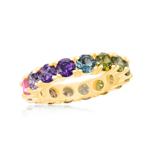 Sterling Silver Rainbow CZ Eternity Band Ring - Gold Plated