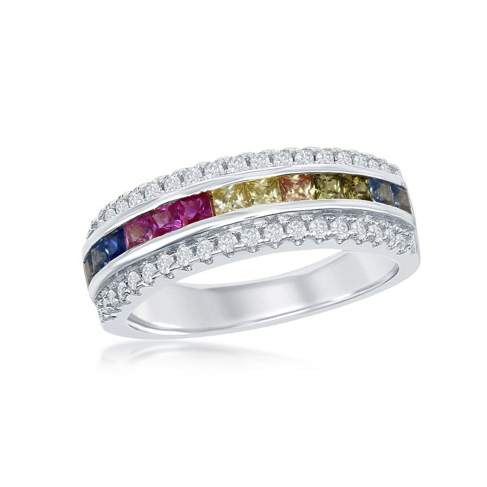 Sterling Silver Half Center Channel Set Rainbow CZ with White CZ Border Ring