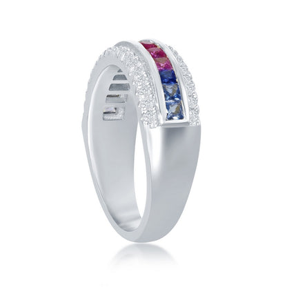 Sterling Silver Half Center Channel Set Rainbow CZ with White CZ Border Ring