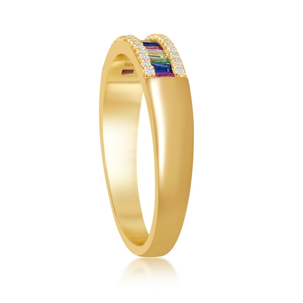 Sterling Silver Baguette Rainbow CZ w/ White CZ Border Channel-Set Band Ring - Gold Plated