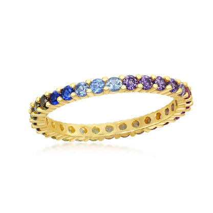 Sterling Silver Rainbow CZ 2mm Eternity Band Ring - Gold Plated