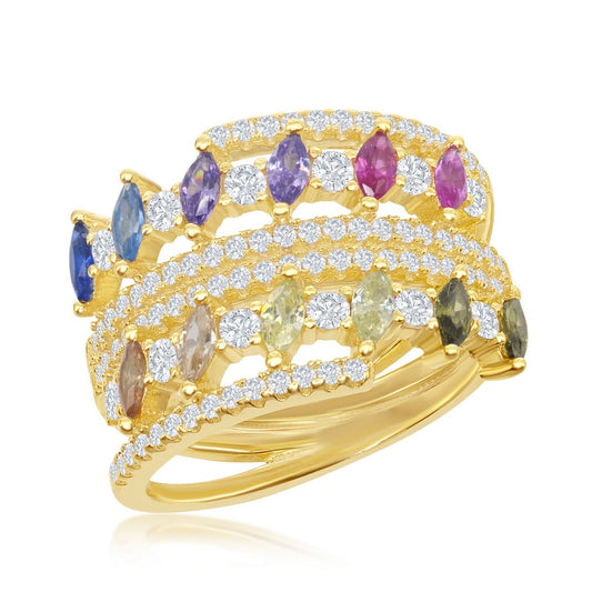 Sterling Silver Multi-Color Marquise CZ Double Ring - Gold Plated
