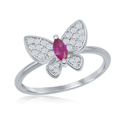 Sterling Silver White & Ruby CZ Butterfly Ring