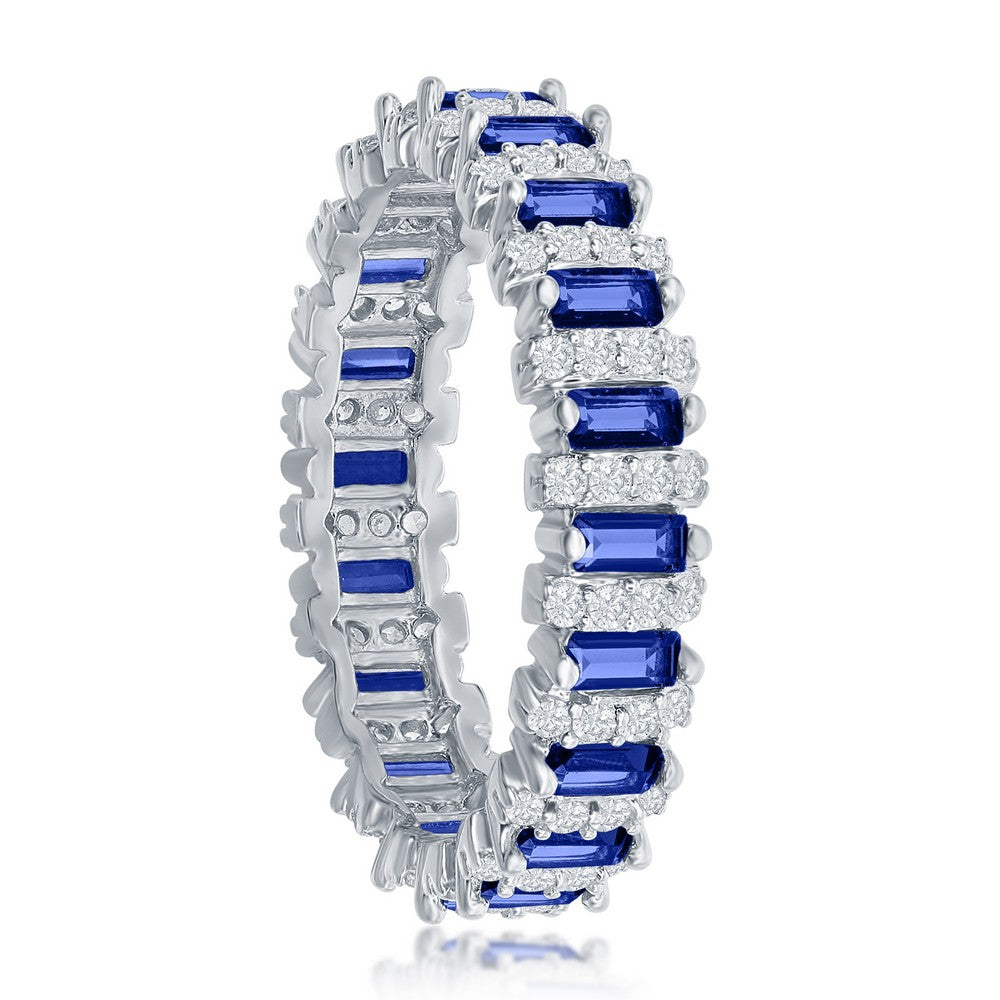 Sterling Silver Round & Baguette Eternity Band Ring - Blue Spine