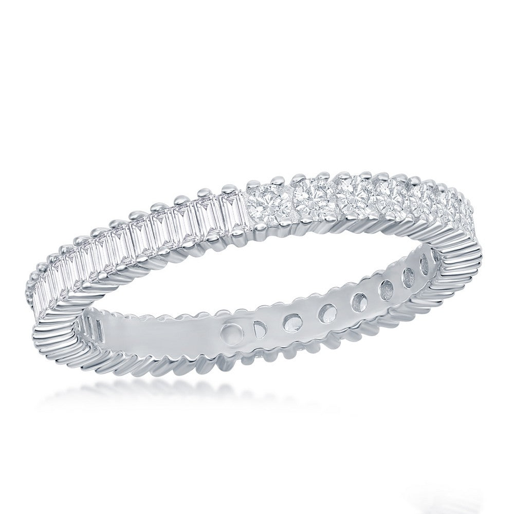 Sterling Silver Half Round and Half Baguette CZ Eternity Band Ring