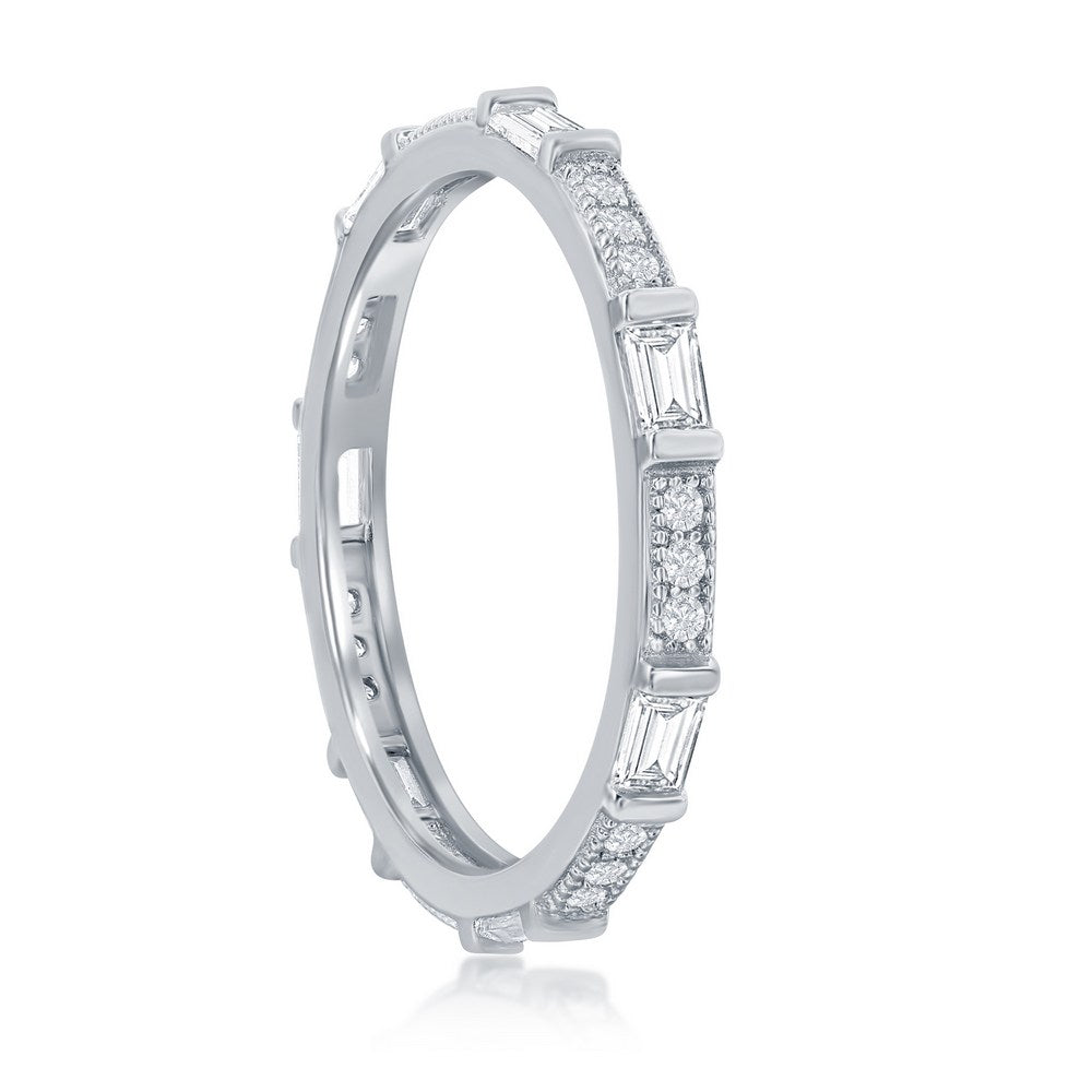 Sterling Silver Alternating Micro Pave and Baguette CZ Eternity Ring