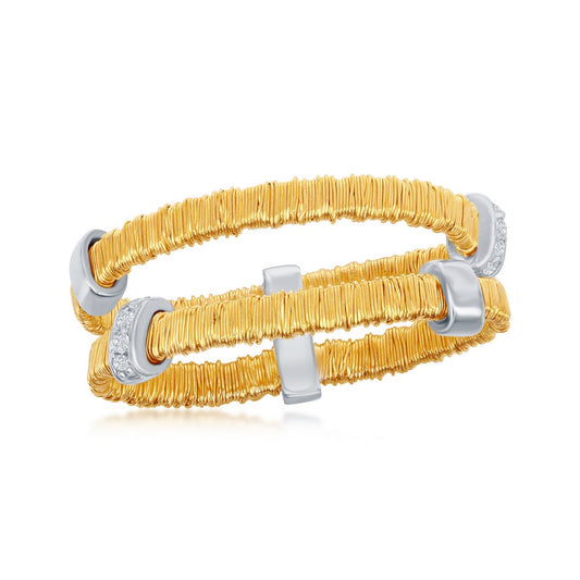 Sterling Silver GP "Gold Threads" Double Flexible Bands w/Alternating Silver and CZ Bars Ring