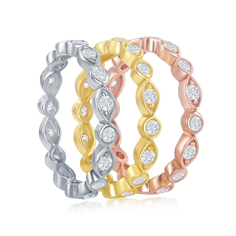 Sterling Silver Tri-Color, Marquise and Round CZ Eternity 3-Band Ring