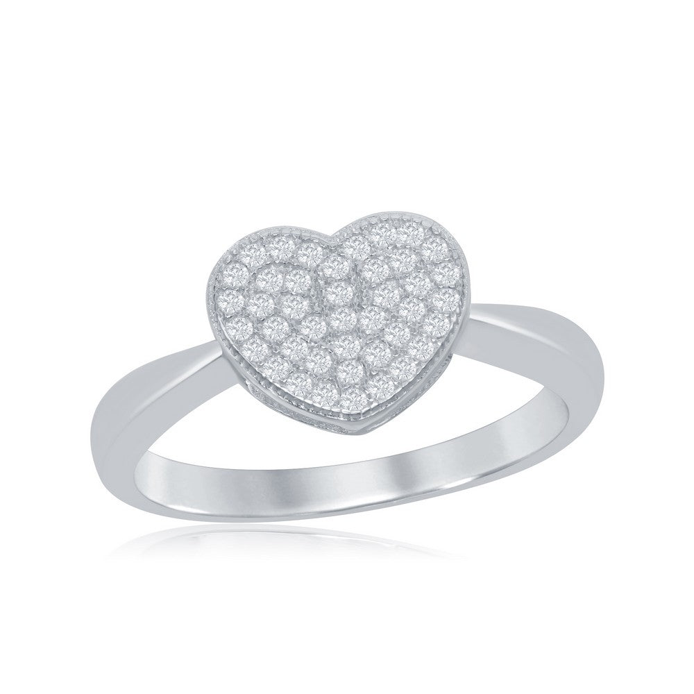 Sterling Silver Shiny Band w/Micro Pave Heart Ring