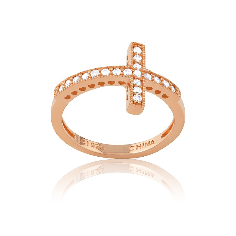 Sterling Silver CZ Sideways Cross Ring - Rose Gold Plated