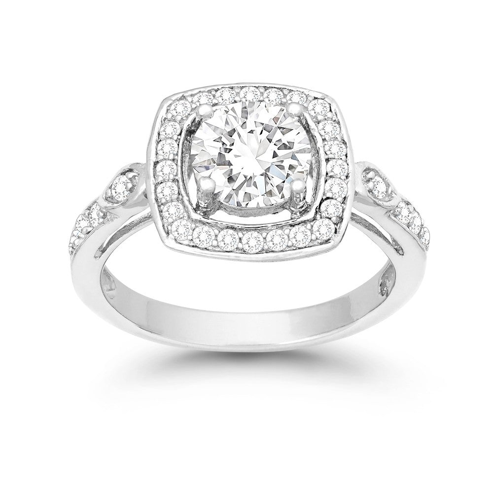 Sterling Silver 7MM Prong Round CZ With Large Square CZ Border Engagement Ring