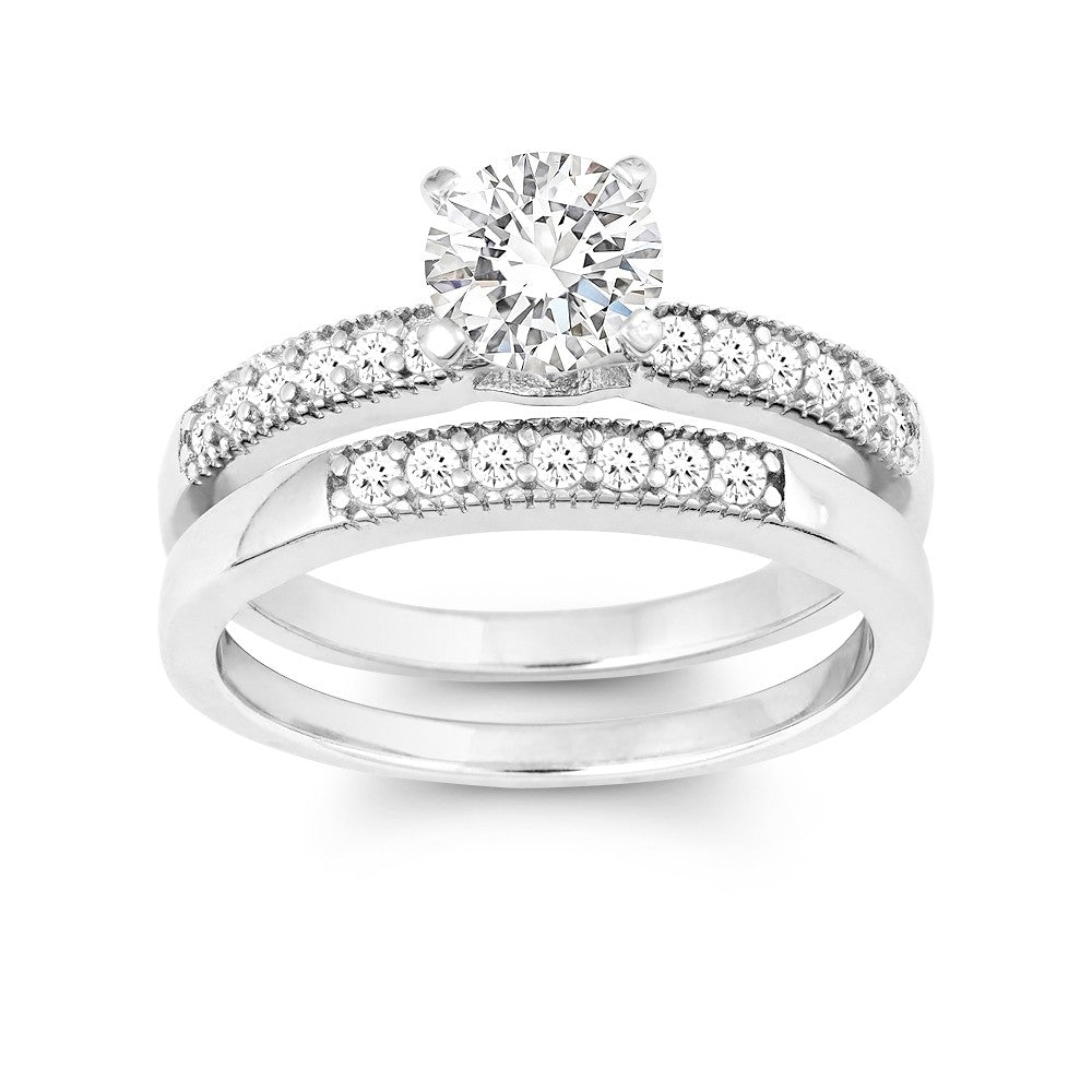 Sterling Silver CZ Engagement and Wedding Ring Set