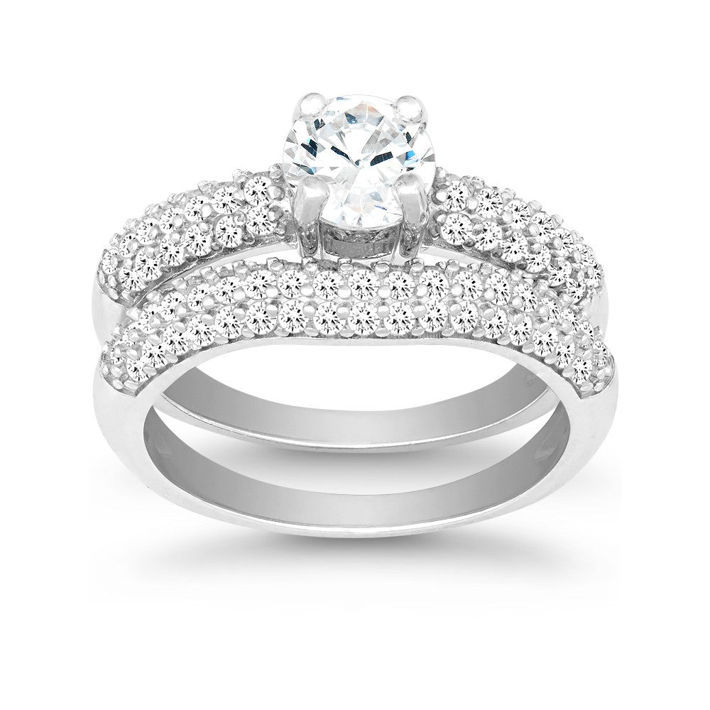 Sterling Silver CZ Engagement and Wedding Ring Set
