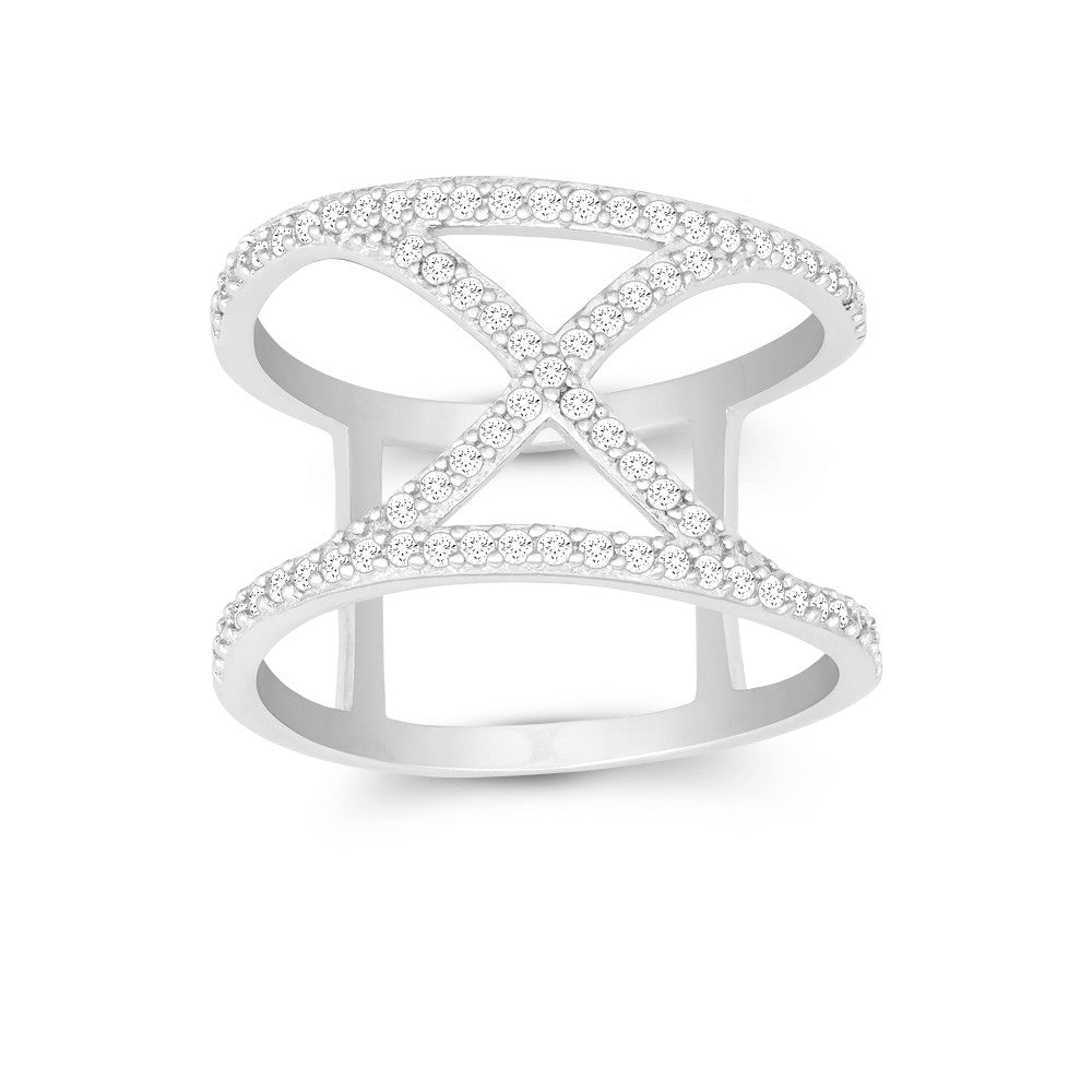 Sterling Silver Double CZ Wire with Center CZ "X" Wide Ring