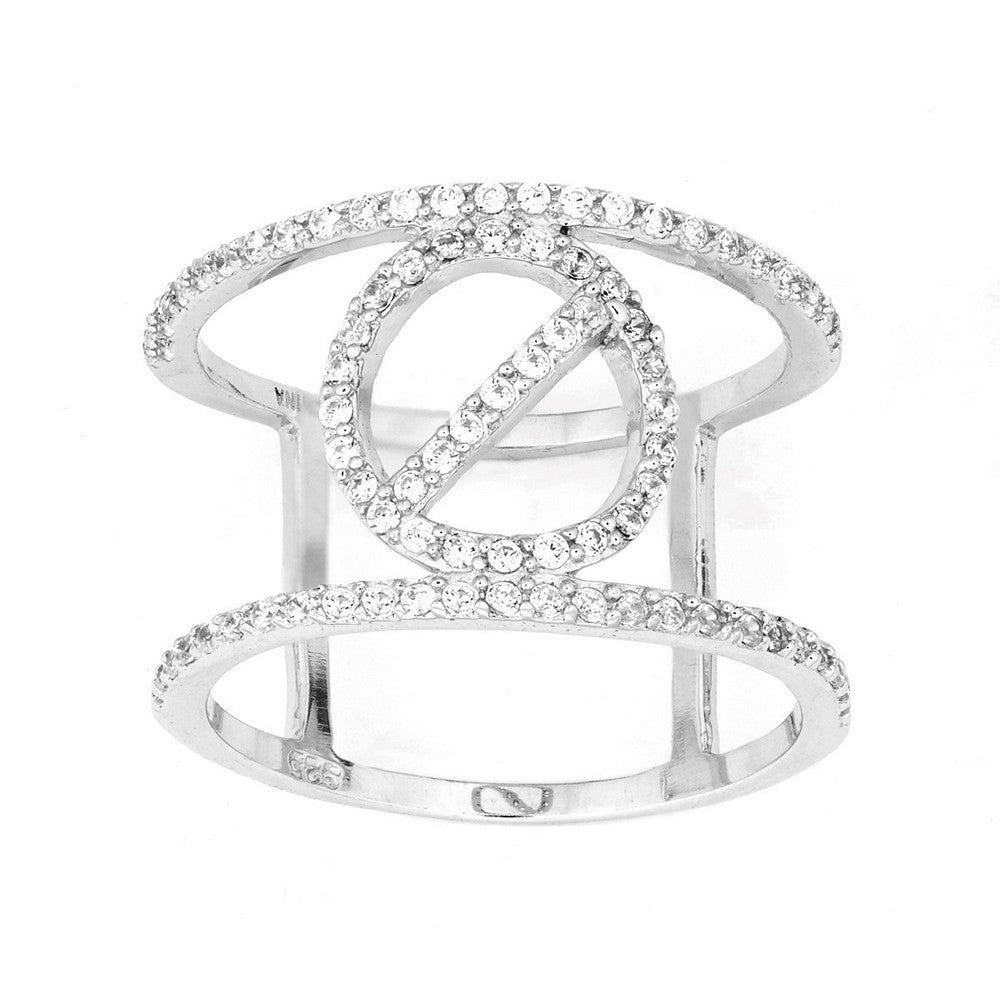 Sterling Silver Double CZ Wire with Center CZ Circle Wide Ring