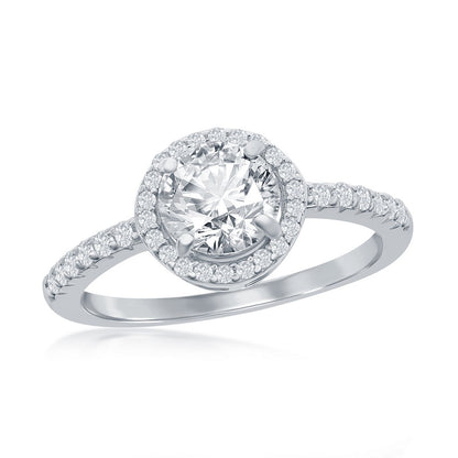 Sterling Silver CZ Halo with 7mm Round Center CZ Ring