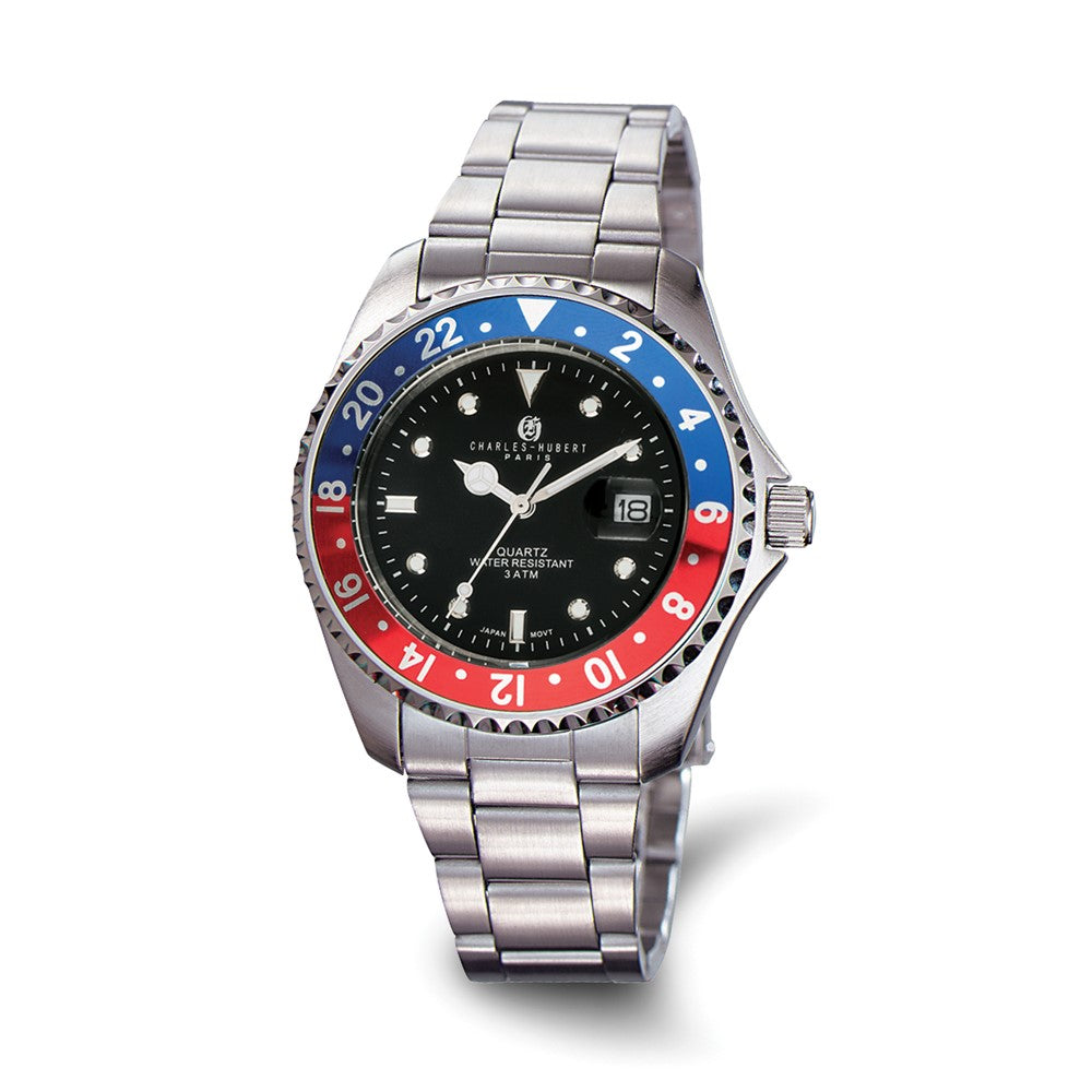 Charles Hubert Stainless Steel Black Dial Red/Blue Bezel Watch