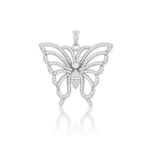 Sterling Silver Large Micro Pave Butterfly Pendant W/Chain